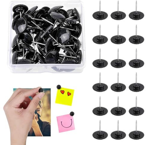 Reißzwecken schwarz,50 Stück Reißnägel, Zahnradförmige Reißnägel Kunststoff für Wandbehänge, Stahlspitze, Heftzwecken, Reißzwecken für Karten, Poster, Fotos(Schwarz,Size:5.5 * 5.5 * 2cm)