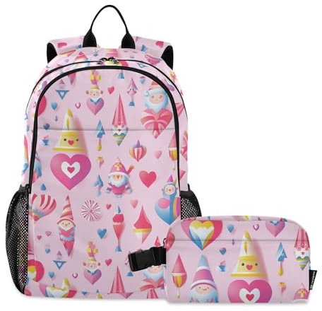miaozhen Mochila con forma de corazón de melocotón y gnomos con lonchera para niños, mochila escolar para niñas con lonchera de 9 a 10 años, Forma de corazón de melocotón y gnomos, 1 size, Mochilas