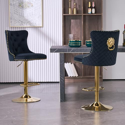 KHISCHMO Samt Barhocker 2er Set Samt Moderne Tresenhocker Höhenverstellbar mit Lehne Küchenhocker mit Löwenring-Zuggriff Drehbar für Küche Theke, Golden Schwaz