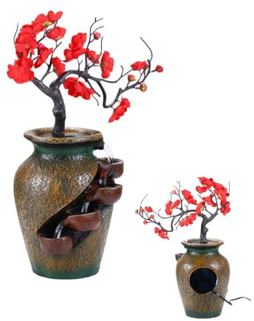 Bollisate Waterfall Fountain Indoor,4-Tier Water Fountain Vase with Water Flows & Artificial Tree - Flowing Desktop Ornament, Zen Relaxation Home Decor