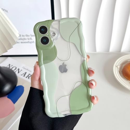 DEFBSC Compatible with iPhone 16 Case, Cute Wavy Curly Shape Colour Mix Aesthetic Design Durable Stylish Shockproof Full Camera Protection Clear Phone Cover for Girls Women - Green