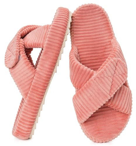 Eagsouni Pantoufles Femme Mousse à Mémoire Chaussons Velours Côtelé Bandes Croisées Bout Ouvert Chaussures Forme,Rose Vif,39/40 EU,Étiquette 40-41
