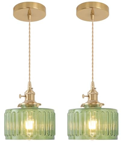 Shenmoyl Pendelleuchte Esstisch 2 Stück, Hängelampe Vintage Gold, Esstischlampe Hängend Höhenverstellbar Für Küche Esszimmer Schlafzimmer Wohnzimmer Grün Gestreift