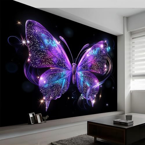 Papier Peint Panoramique Art Numérique Peinte Murale, Papillon Violet Onirique Intissé Murale, 200 x 140 cm (L x H) Photo Fresque pour Salon Chambre d'enfants Restaurant Décoration