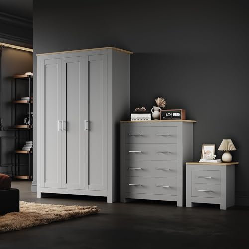 ELEGANT 3 Door Bedroom Wardrobe and 4 Drawer Chest and Bedside Cabinet, Furniture Set with Large Hanging Space New Luxury Style Cabinet for Bedroom Storage, Grey/Oak