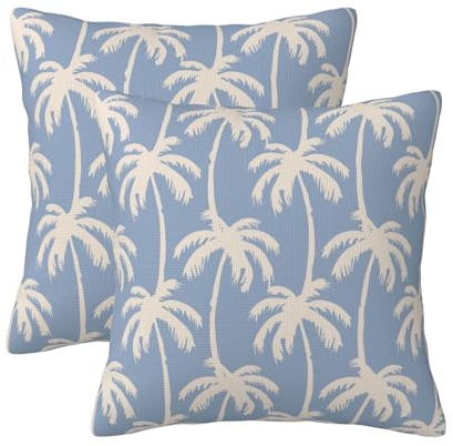 Dusty Blue Tropical Pillow Covers 16x16 Set of 2 Summer Coastal Beach Palm Tree Decorative Throw Pillows Vintage Outdoor Farmhouse Cushion Cases for Sofa Couch Bed Living Room Decor