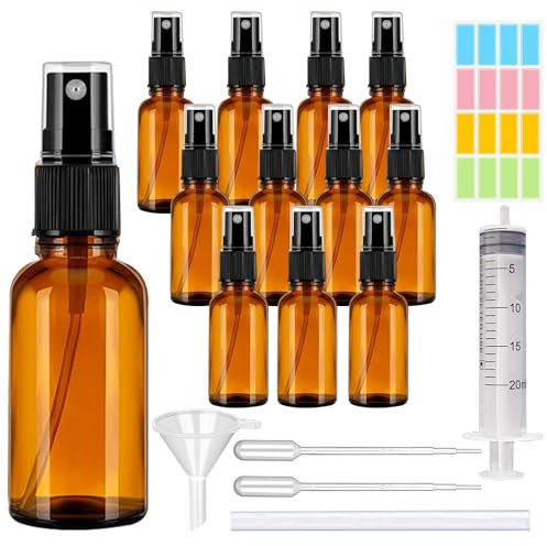 CafullCon Amber Glass Spray Bottle, 12pcs 30ml Refillable Empty Brown Spray Bottles Glass with Funnel Dropper & Sticker, Fine Mist Spray Bottle for Perfume Cleaning Aromatherapy Cosmetic Travel Sprays