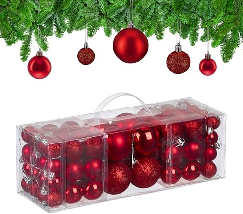 Relaxdays Weihnachtskugeln im 76er Set, Kunststoff, glitzernde, Matte, glänzende Baumkugeln, Christbaumschmuck, rot