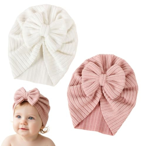 2 Stück Unisex Neugeborenen Babymütze, Baby-Turban-Mütze mit Schleife Kopfschmuck, Weiche Dehnbare Kindergarten Mütze,Hüte für Alle Jahreszeiten, für Neugeborene und Kinder im Alter von 0-6 Jahren
