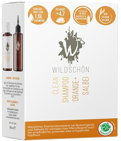 WILDSCHÖN Bio Shampoo KONZENTRAT Orange + Salbei – Naturshampoo für normales Haar – 150 ml (ergibt 1,5 L) – vegan, silikonfrei, parabenfrei, plastikreduziert – mit gratis Applikatorflasche