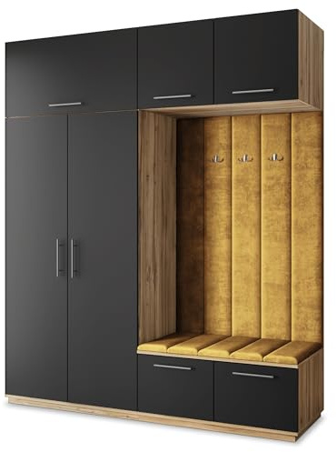 Masseno Flugarderoben Set Rema, Kleiderschrank-Set mit Sitzbank, Garderobenschrank Flur mit 5 Regalböden, Eiche Wotan/Schwarz