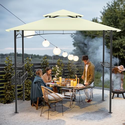 TATIVALO Grillpavillon 2,4x1,5m mit Doppeldach, BBQ Grillüberdachung Gartenpavillon mit 2 Seitenregalen, Metallkörben & Haken, wetterfest & UV-beständig, für Grill, Party & Outdoor Beige