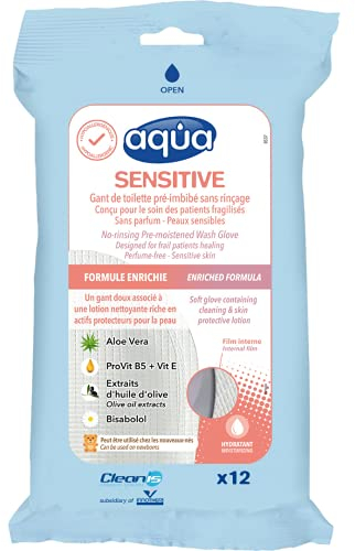 Aqua Sensitive Gants de toilette pré-imbibés sans rinçage (paquet de 12 gants)