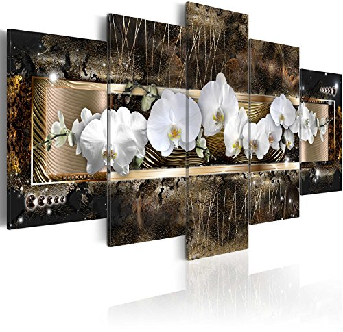 B&D XXL - Wandbilder XXL Abstrakt 200x100cm 5 tlg - Wand Deko Leinwand Bilder Groß Wanddeko Wohnzimmer Schlafzimmer Kunstdrucke - weiße Orchidee Blumen Textur braun b-A-0030-b-o