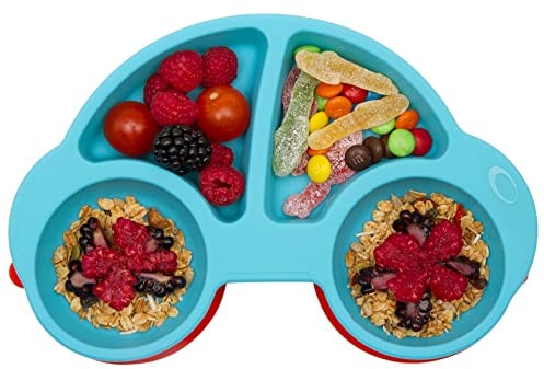 Baby Teller Schüssel Mini Silikon Tischset für Kleinkinder und Kinder - Tragbar, Rutschfest, Abwaschbar für Spülmaschine, Mikrowelle (Neues Auto Blau)