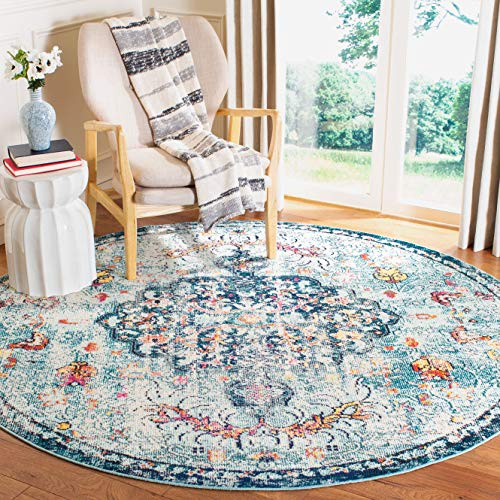 SAFAVIEH Boho Teppich für Wohnzimmer, Esszimmer, Schlafzimmer - Madison Collection, Kurzer Flor, Marineblau und Hellblau, 152 X 152 cm