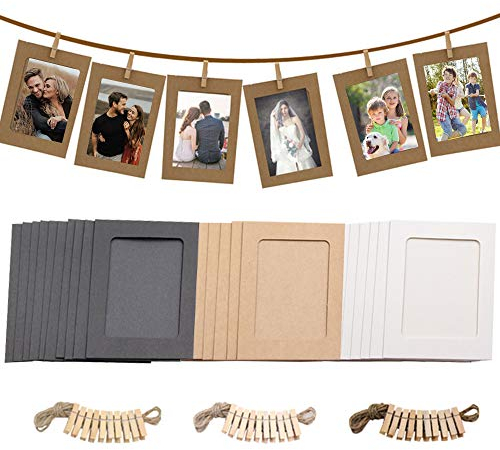 NETUME 30 Stücke Papier Bilderrahmen 10 * 15cm, Fotorahmen Papier 6x4 in Zum Aufhängen, mit Mini-Holzklammern und Hanfseilen, Wanddeko DIY Kreative für DIYGeburtstag/Hochzeit/Jubiläum/Festival