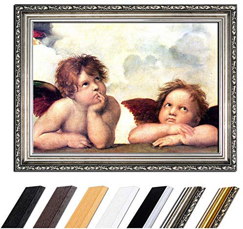 Bild mit Rahmen - Raffael Engel - Detail Sixtinische Madonna 80x60 cm - Gerahmtes Leinwandbild Alte Meister - Antiker Rahmen Silber Barock, Klassisch