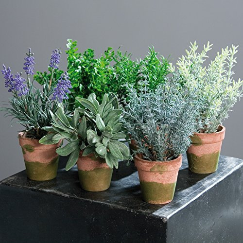 mucplants Künstliches Kräutersortiment im braungrünen Kunststofftopf 6er-Set Kunstpflanzen Dekopflanzen