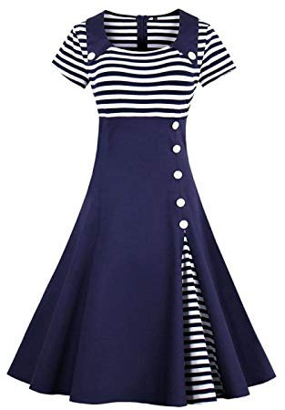 QUNLIANYI 3XL 4XL Plus la Taille Femmes Rouge Blanc Rayé Patchwork Robe Rétro à Manches Courtes Bouton Décoré Robe XL Bleu Marine