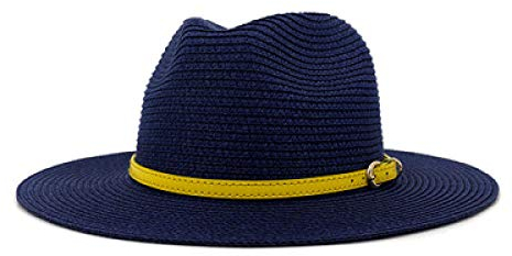Chapeau Paille Femme Chapeaux De Soleil Hommes Femmes Large Bord Rond Haut Ceinture Bande Femmes Chapeaux Paille Simple Classique Occasionnel Chapeaux De Paille-Navy_56-58Cm