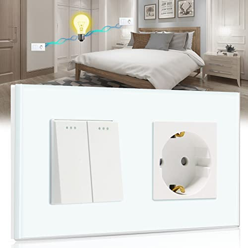 BSEED Lichtschalter mit Steckdose 2 Fach 2 Wege,10A Kristall Glas Platte Wandschalter mit 16A Schuko Steckdose Weiß,Physische Taste Wechselschalter mit Steckdose- 157mm