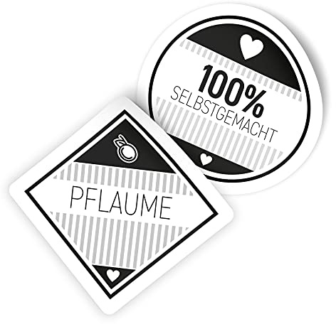 itenga Marmeladen Etikett PFLAUME Aufkleber 100% selbstgemacht Sticker modern schwarz weiß selbstklebend für Marmelade Einmachgläser Geschenke - 10 Aufkleber rund und 10 Aufkleber eckig