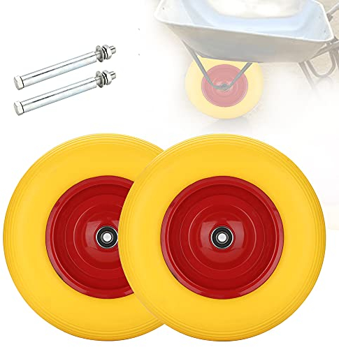 EINFEBEN 2x Schubkarrenrad 4.80 4.00-8 Vollgummi, Ersatzrad, pannensicher, 200 kg Tragkraft Gummirad mit Achse 95mm Breite, Stahlfelge Reifen gelb-rot, für Gartenkarren