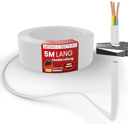 MAS Premium Von 5 bis 100m Kunststoffschlauchleitung H03VV-F 3G0,75 Schwarz oder Weiß Flexible Leitung Kabel Leitung Gerätekabel (Weiß, 5m)