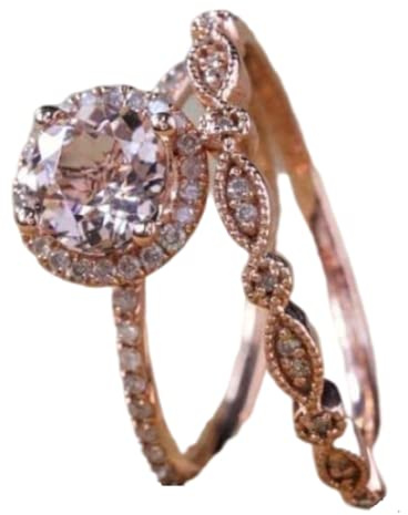 LRGKMCWTOB Fashion 2PCS Rings Elegant Women 18K Rose Gold Filled Morganite Pink Gemstone Wedding Bridal Ring Diamond Solitaire Wedding Engagement Rings for Women Set (US 7)