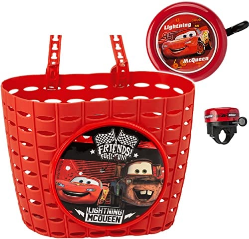 alles-meine.de GmbH 2 TLG. Set: Fahrradkorb/Korb + Fahrradklingel - Cars Lightning McQueen - mit Befestigung für Lenker vorn - universal auch für Roller und Dreirad Laufrad..