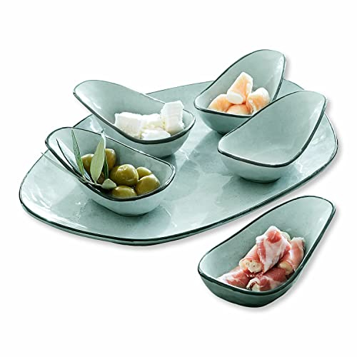 LOBERON Servierschälchen 6er Set Biarré, fünf Schälchen + Unterteller, für Dips und Saucen, traditionelle Handarbeit, Küchenutensilien, Tischaccessoires, Steinzeug, türkis