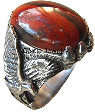 Echter Schlangenhaut-Jaspis, roter und schwarzer Edelstein, ovaler Halbedelstein-Cabochon-Mann-Adler-Ring, Statement-Siegelring, oxidierter Silberring, Vatertagsring (Jaspis)