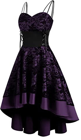FEOYA Robe Gothique Femme à Bretelles Robe Rétro Médiévale Robe Soirée Vintage à Lacets Costume Steampunk Déguisements Halloween Carnaval Violet 44