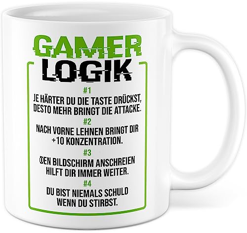 Geschenk Tasse Zocker, Gamer Logik Kaffeetasse für Computerspieler Kaffee-Becher Geschenkidee Teetasse mit Spurch lustig zocken Computer-Spiele Nerd Gaming (Weiß)