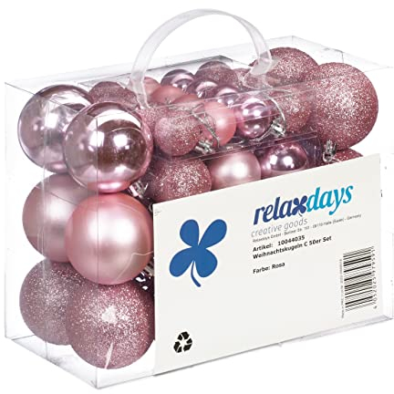 Relaxdays Palline di Natale, in Set da 50, Addobbi Natalizi, Opache, Lucide, Glitterate, ∅ 3,4 e 6 cm, Decorazioni, Rosa