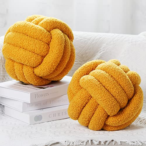 Namalu 2 Stück Knoten Kissen Runde Ball Dekokissen Ästhetische Geknotete Wurfkissen Knoten Zierkissen für Wohnung Zimmer Sofa Couch Bett Boden (Kurkuma, 28 cm)