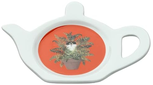 EliteKoopers 1Pcs Porcelain Teabag Dish Holder Kim Haskins Cat in Plant Pot Red