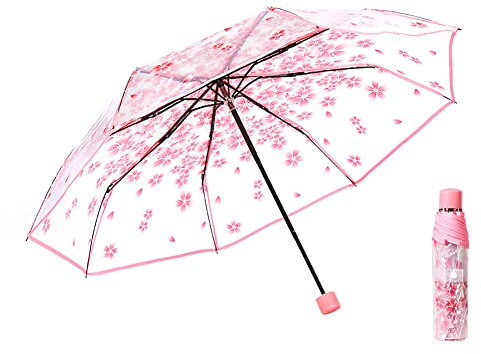 LICHENGTAI Durchsichtiger Regenschirm Damen Taschenschirme Schirm Kirschblüte Stockschirm Sonnenschirm Klappschirme Transparent Sturmfest Schirm Regenschirm Klar für Mädchen Jungen Studenten Frauen