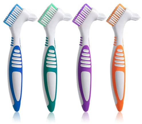 Octuitey Denture Brush 4Pcs Denture Toothbrushes，Denture Cleaning Care Cleaning Brush ，Double Sided Toothbrush，Multi-Layered Bristles and Rubber Anti-Slip Handle (Purple, Green, Blue, Orange)