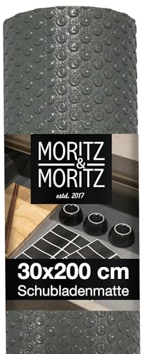 Moritz & Moritz graue Schubladenmatte 30cm breit – Antirutschmatte Schubladen 30x200 cm – Als Schubladeneinlage Küche oder Schrankfolie – Inkl. 10 Tafelaufkleber