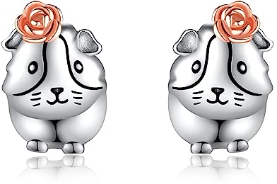 Meerschweinchen-Ohrringe Sterlingsilber Hamster Rosenblüten-Ohrstecker Niedlicher Tierschmuck Geschenke für Frauen und Mädchen