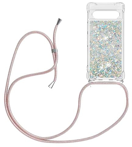 HomiTunky Handykette für Google Pixel 7a Hülle mit Band,Silber | Silikon Durchsichtig Transparent Flüssig Glitzer mit Kette Kordel Bumper Treibsand Necklace TPU Schutzhülle Case Cover