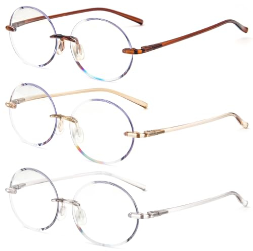MMOWW 3er-Pack Lesebrille Runde Randlose für Damen und Herren, Mode Anti Blaulicht Lesehilfen Sehhilfe Anti Müdigkeit Brille (Dunkelbraun+Hellbraun+Transparent, +1.0)
