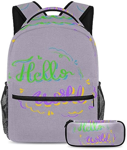 Hello World Rucksack mit künstlerischer Schriftart, 2-teiliges Kinder-Schultaschen-Set für Jungen, Mädchen, Teenager, Reisetasche, Büchertasche für Schüler, mehrfarbig, B：29.4x20x40cm P：19x7.5x3.8cm,