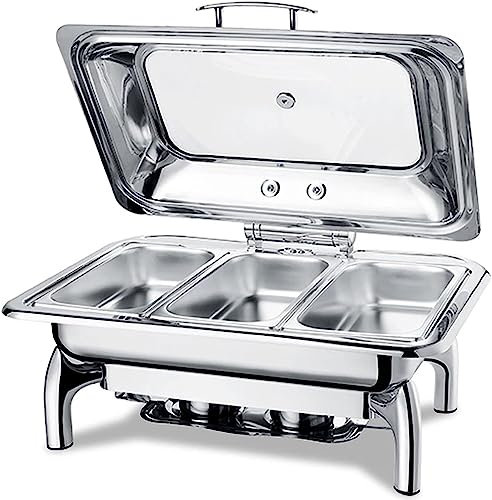 Calentador de Alimentos para Eventos de Catering: radiador de Alimentos para Buffet de Fiesta, Juego de Buffet de Olla Caliente con Tapa Enrollable, Recipiente de Agua (Lavabo Redondo Doble)