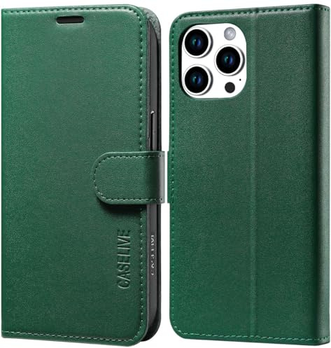CASELIVE Wallet Case for iPhone 15 Pro Max, Genuine Leather Case with [Card Holder] [Screen Protector] [RFID Blocking][Shockproof TPU Inner Shell] Kickstand Folio Cover (Midnight Green)
