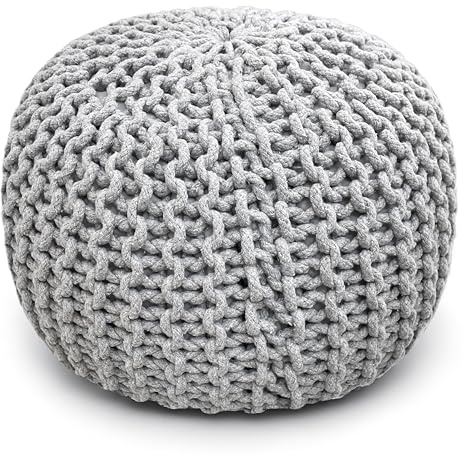 Palisa Grey Pouf Ottoman 20x20x14 Inches | Knitted Round Pouffe for Extra Sitting | Multipurpose Accent Seating for Living Room and Bedroom