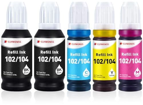 Clywenss 102 103 Ink Bottle Set Refill Compatible with for ET-2710 ET-2711 ET-2712 ET-2714 ET-2715 ET-2720 ET-2721 ET-2726 ET-4700, 5-Pack (2 Black, 1 Cyan, 1 Magenta, 1 Yellow)