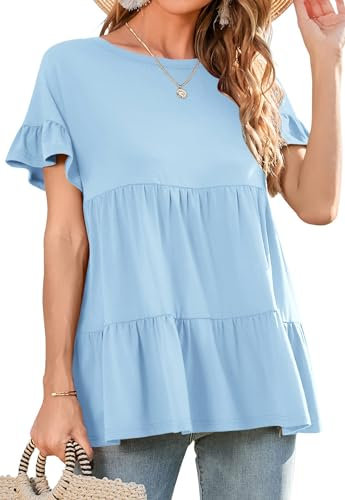 Neineiwu Rundhals T-Shirt Damen Kurzarm Bluse Damen Sommer Oberteile Elegant Tshirts Gestuftes Solide Tunika Bluse Damen elegant Festliche Oberteile Damen Longtop Damen Esprit Tshirt Damen S-XXL